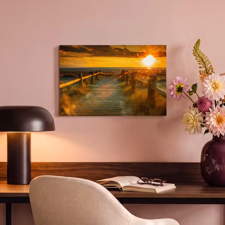 Canvas schilderij - Zon - Strand - Duin - Horizon - Gras - Pad - Oranje — 4