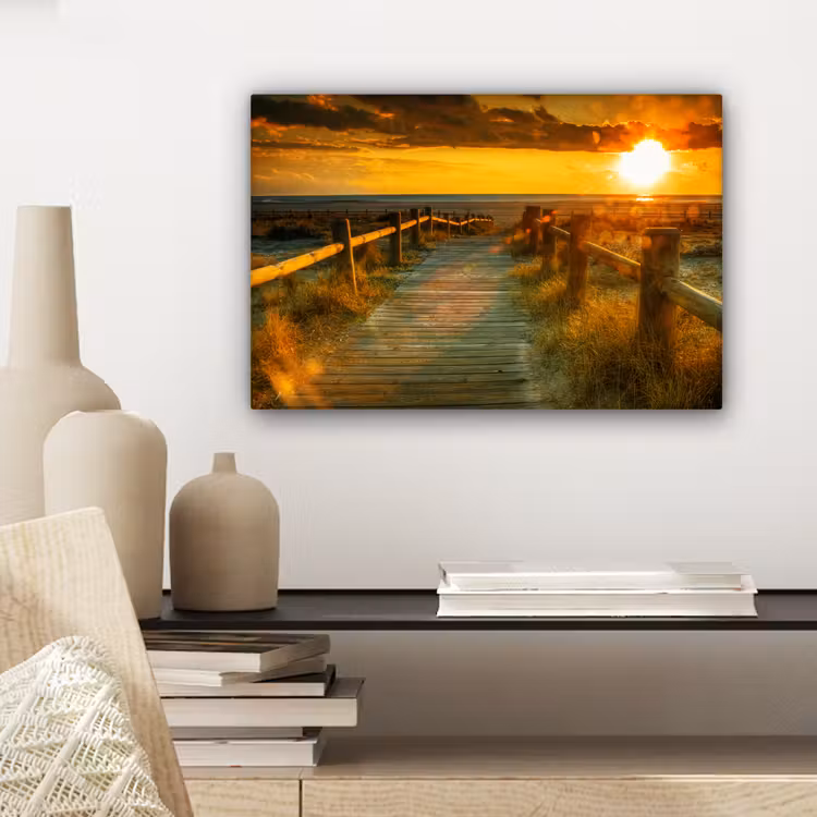 Canvas schilderij - Zon - Strand - Duin - Horizon - Gras - Pad - Oranje — 5