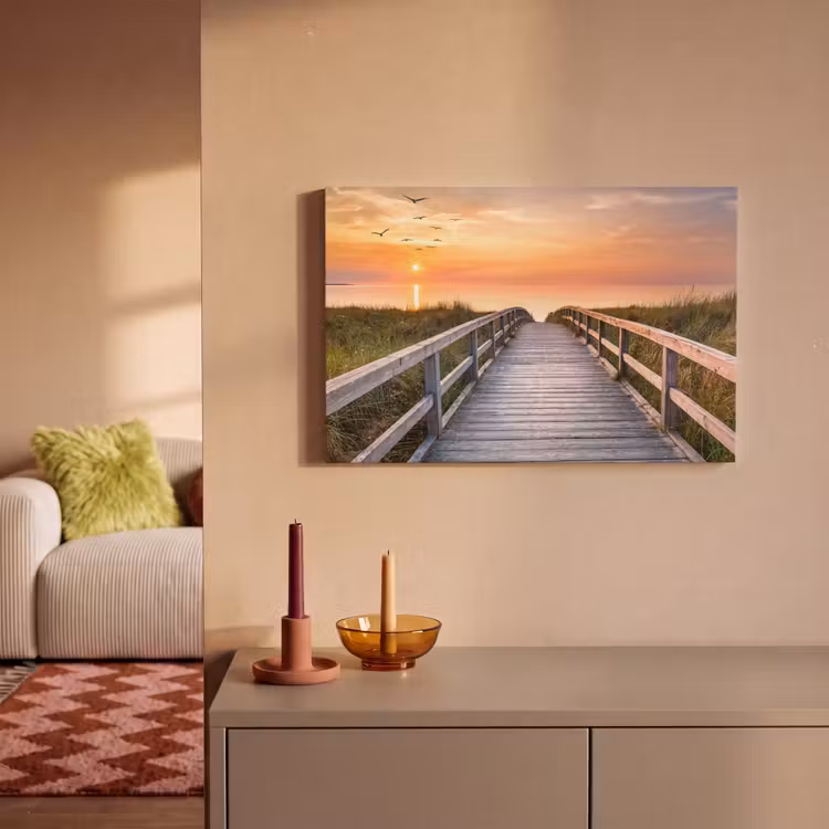 Canvas schilderij - Zonsonderang - Zee - Pad - Gras - Duin - Vogels — 2