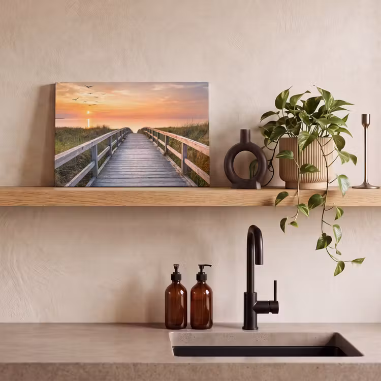 Canvas schilderij - Zonsonderang - Zee - Pad - Gras - Duin - Vogels — 3