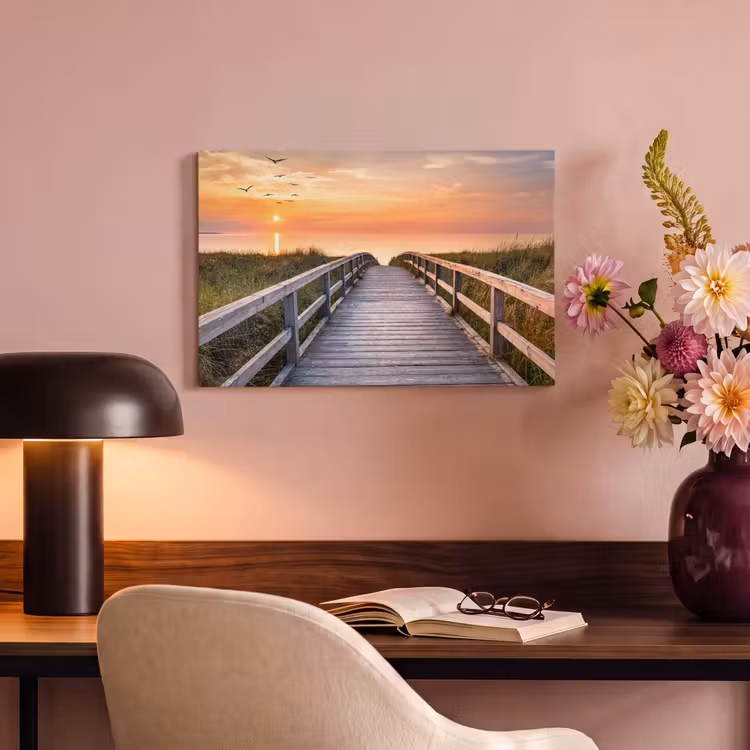 Canvas schilderij - Zonsonderang - Zee - Pad - Gras - Duin - Vogels — 4