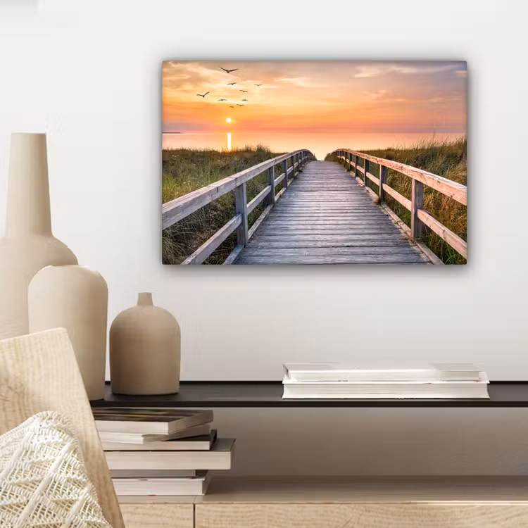 Canvas schilderij - Zonsonderang - Zee - Pad - Gras - Duin - Vogels — 5