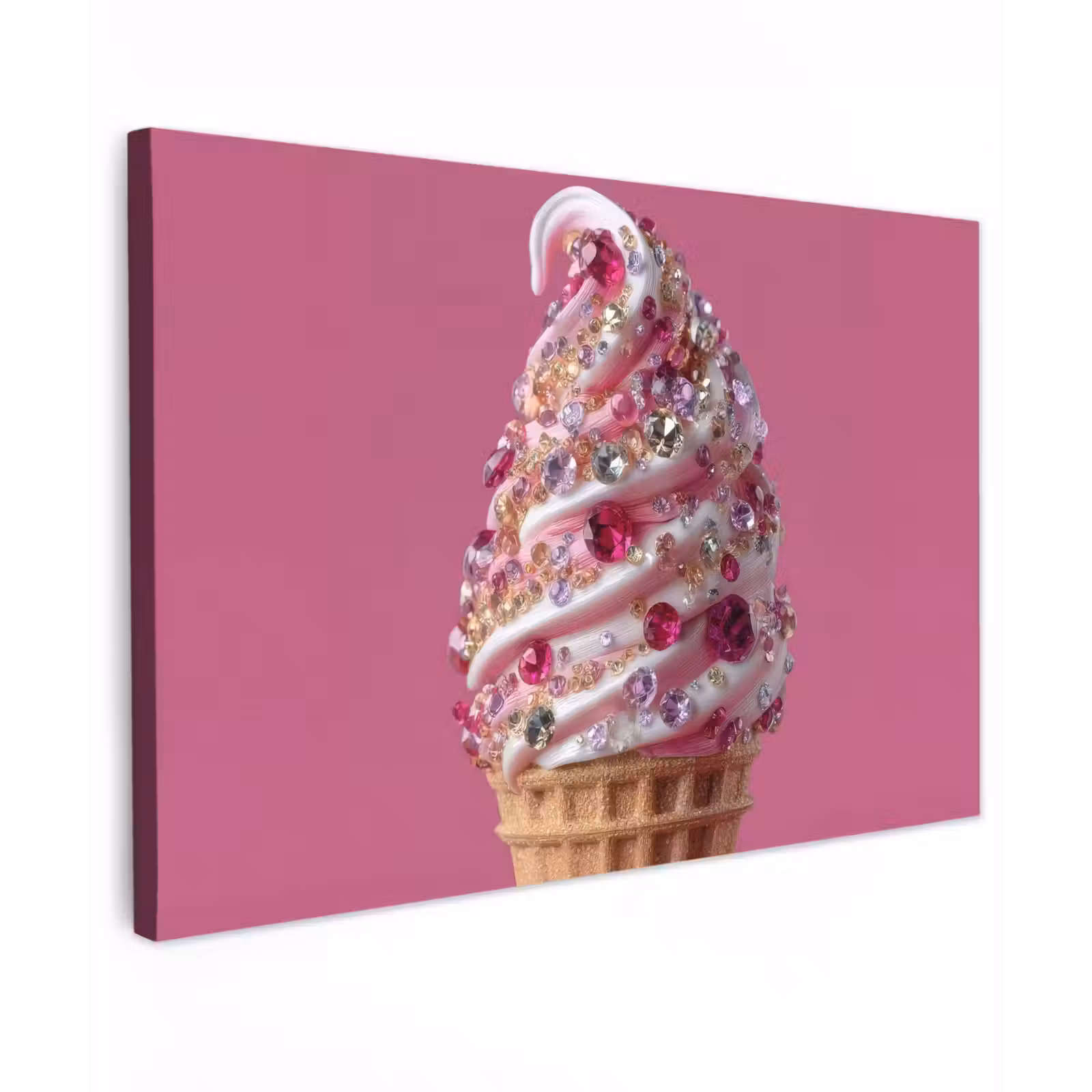 Canvas schilderij - Softijs - Edelstenen - Roze - Hoorntje — 1