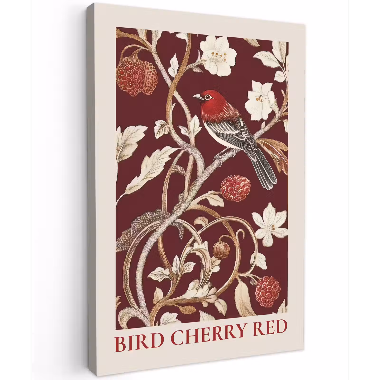 Canvas schilderij - Vogel - Bordeaux - Bloemen - Bessen — 1