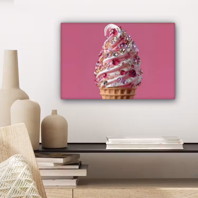 Canvas schilderij - Softijs - Edelstenen - Roze - Hoorntje — 5