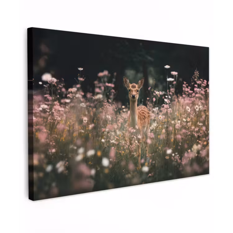 Canvas schilderij - Hert - Wilde bloemen - Bos — 1