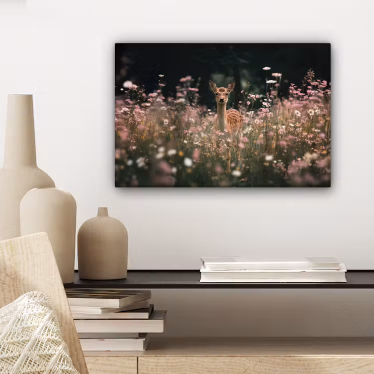 Canvas schilderij - Hert - Wilde bloemen - Bos — 5