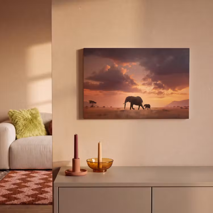 Canvas schilderij - Olifanten - Grasland - Zonsondergang — 2