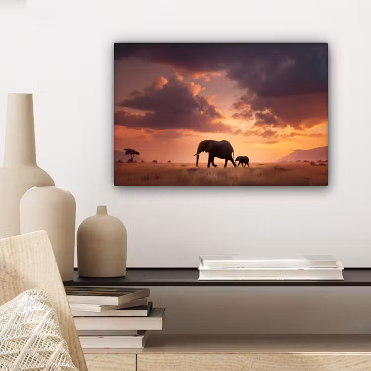 Canvas schilderij - Olifanten - Grasland - Zonsondergang — 5