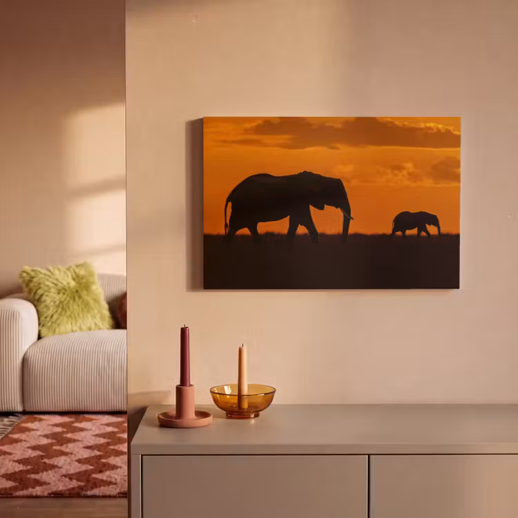 Canvas schilderij - Olifanten - Savanne - Zonsondergang — 2
