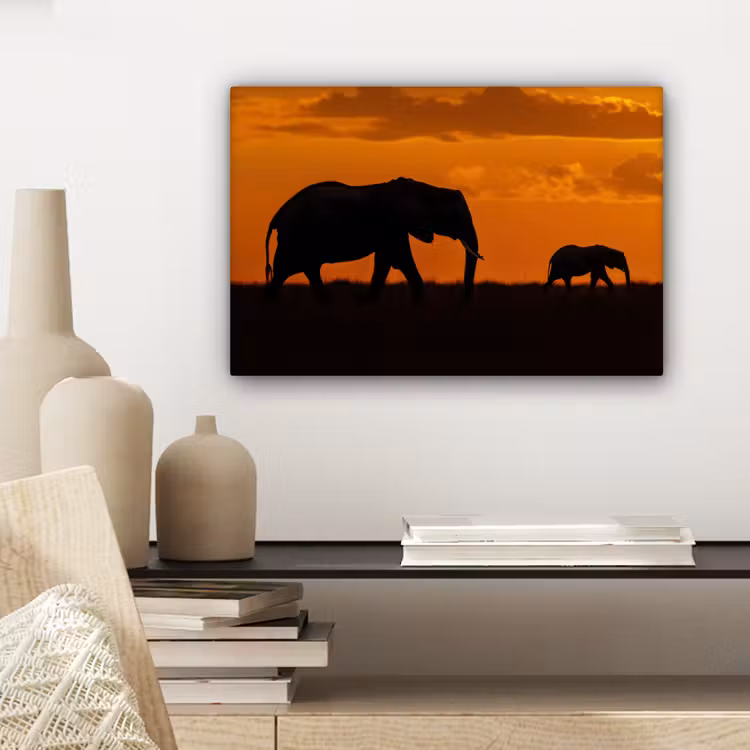 Canvas schilderij - Olifanten - Savanne - Zonsondergang — 5