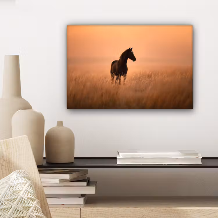 Canvas schilderij - Paard - Grasveld - Zonsondergang — 5