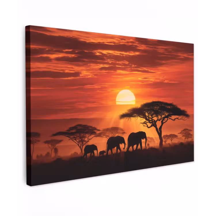 Canvas schilderij - Savanne - Olifanten - Zonsondergang — 1