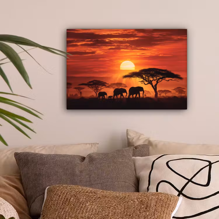 Canvas schilderij - Savanne - Olifanten - Zonsondergang — 2