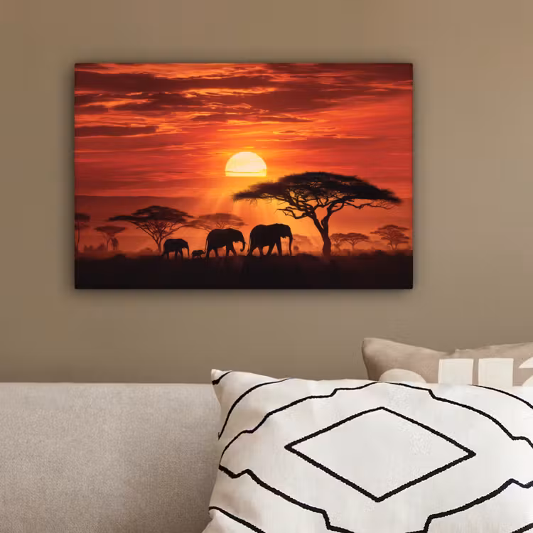 Canvas schilderij - Savanne - Olifanten - Zonsondergang — 3