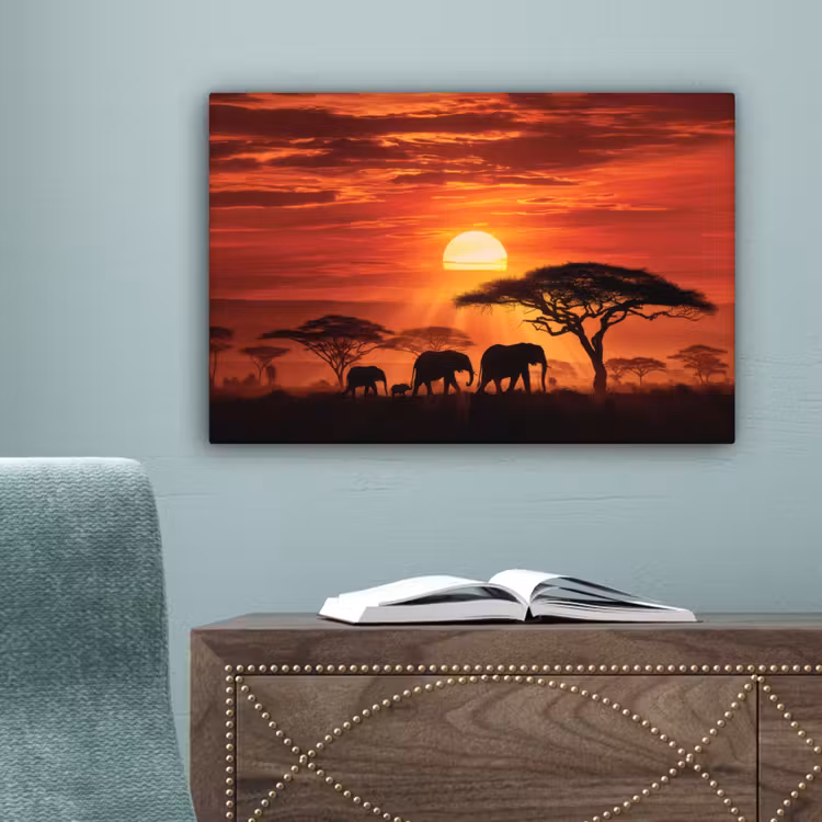 Canvas schilderij - Savanne - Olifanten - Zonsondergang — 4
