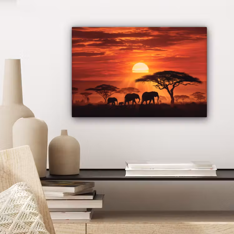 Canvas schilderij - Savanne - Olifanten - Zonsondergang — 5
