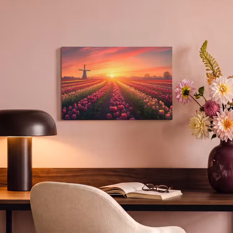 Canvas schilderij - Windmolen - Zonsondergang - Landschap — 4