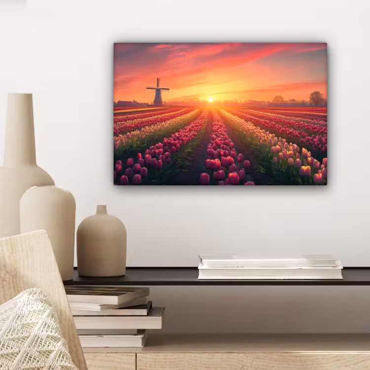 Canvas schilderij - Windmolen - Zonsondergang - Landschap — 5