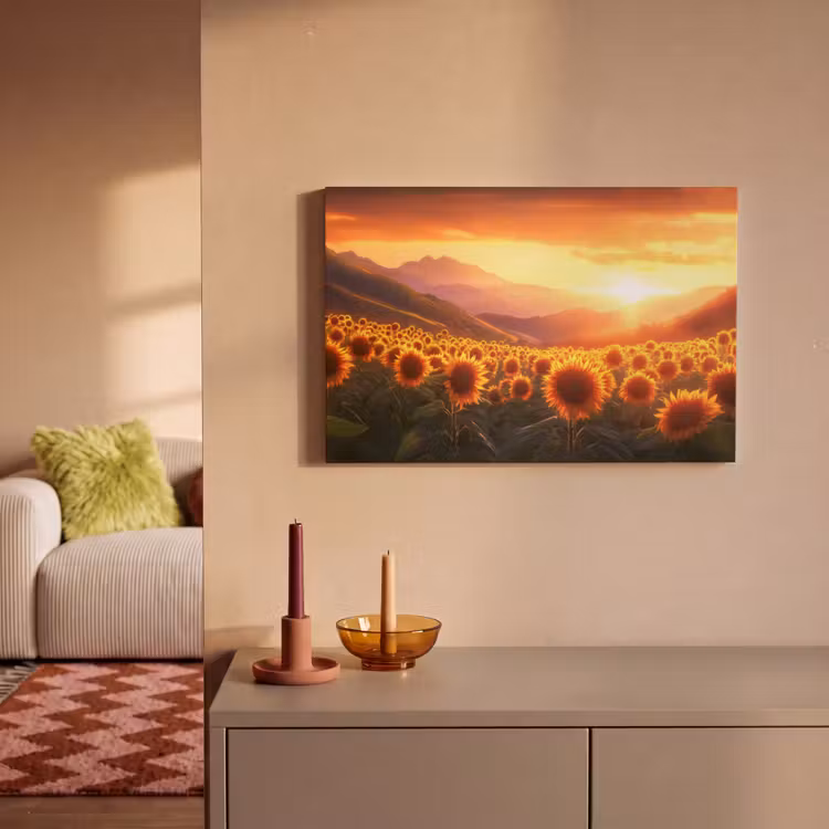 Canvas schilderij - Zonnebloemen - Zonsondergang - Landschap — 2
