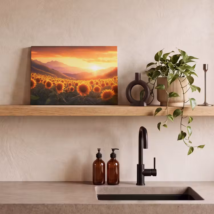 Canvas schilderij - Zonnebloemen - Zonsondergang - Landschap — 3