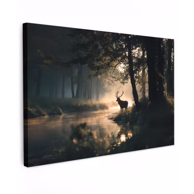 Canvas schilderij - Hert - Bosbeek - Mystiek — 1
