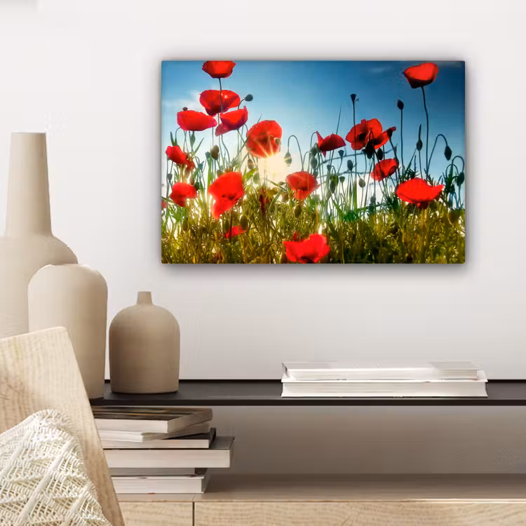 Canvas schilderij - Klaprozen - Toscane - Zon - Rood - Blauw — 5