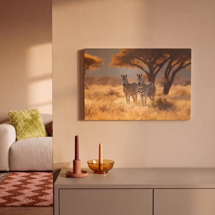 Canvas schilderij - Zebra's - Savannelandschap - Gras — 2