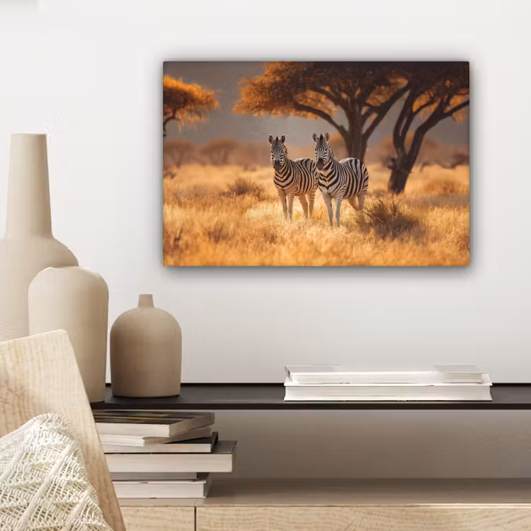 Canvas schilderij - Zebra's - Savannelandschap - Gras — 5