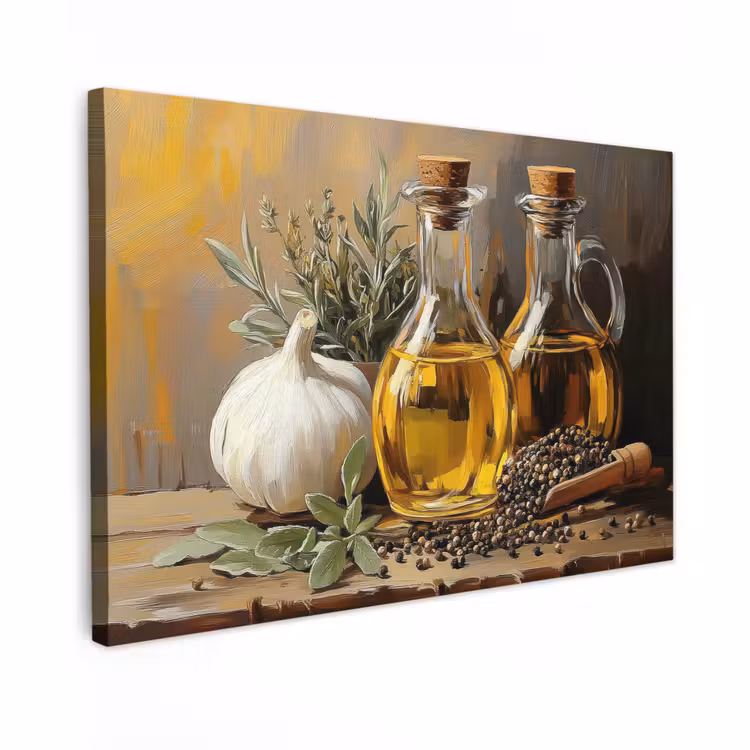 Canvas schilderij - Stilleven - Olijfolie - Knoflook - Kruiden — 1