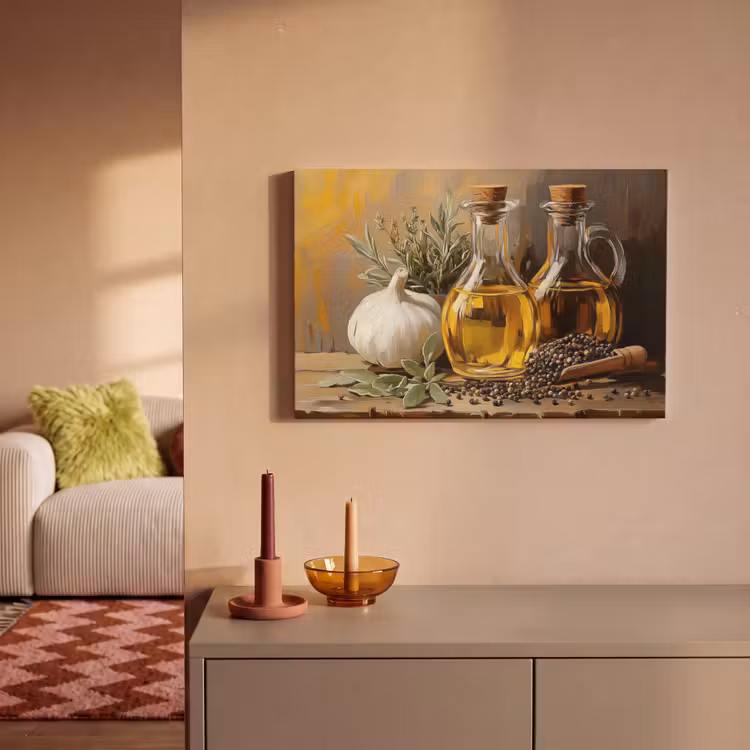 Canvas schilderij - Stilleven - Olijfolie - Knoflook - Kruiden — 2