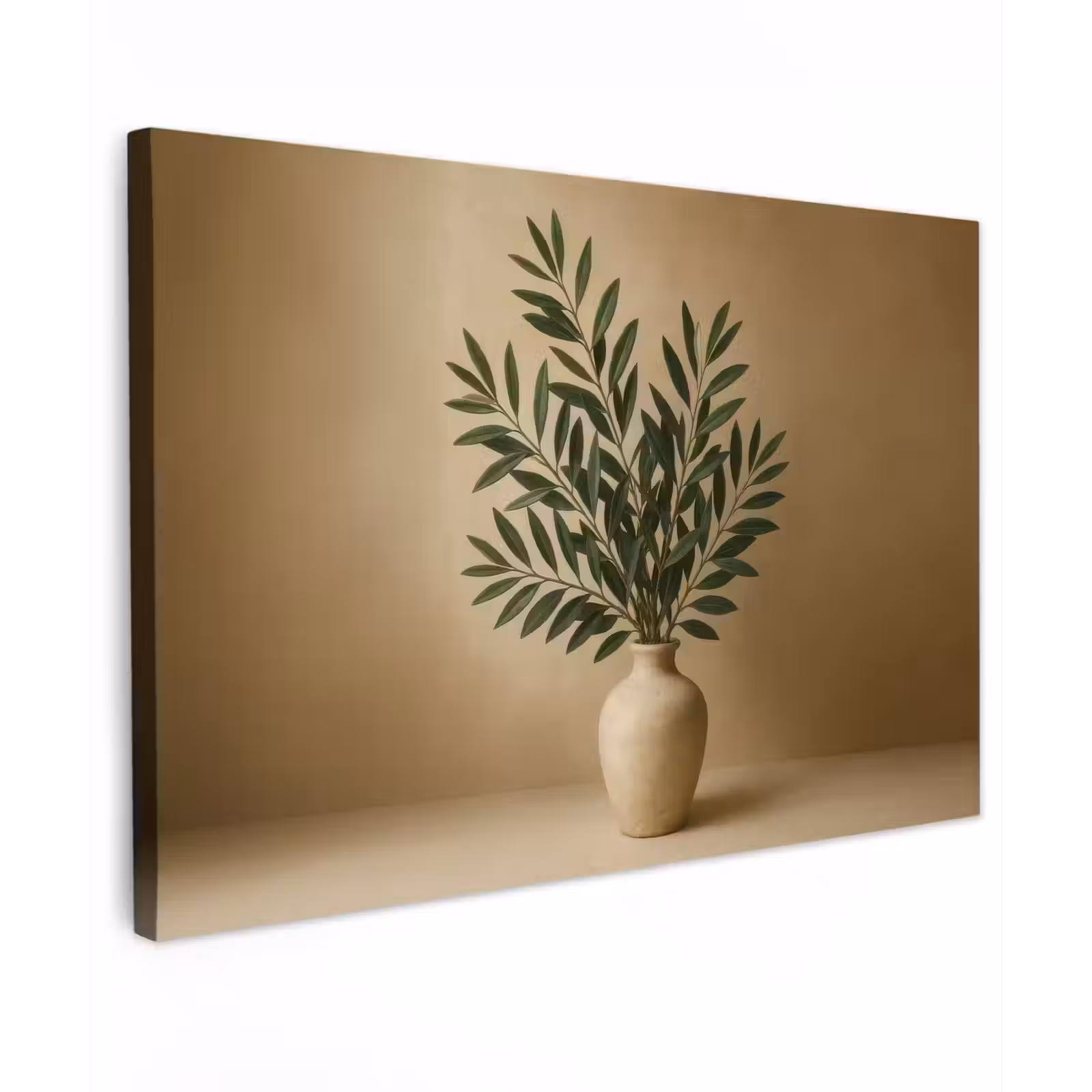 Canvas schilderij - Vaas - Olijftakken - Bladeren - Beige — 1