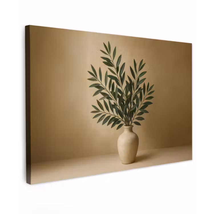 Canvas schilderij - Vaas - Olijftakken - Bladeren - Beige — 1
