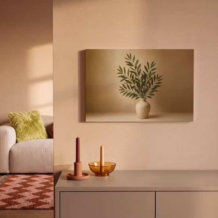 Canvas schilderij - Vaas - Olijftakken - Bladeren - Beige — 2