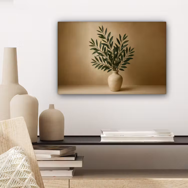 Canvas schilderij - Vaas - Olijftakken - Bladeren - Beige — 5