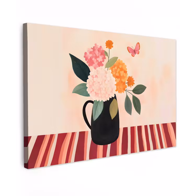 Canvas schilderij - Vaas - Bloemen - Vlinder - Rood — 1