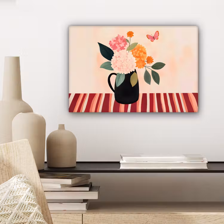 Canvas schilderij - Vaas - Bloemen - Vlinder - Rood — 5
