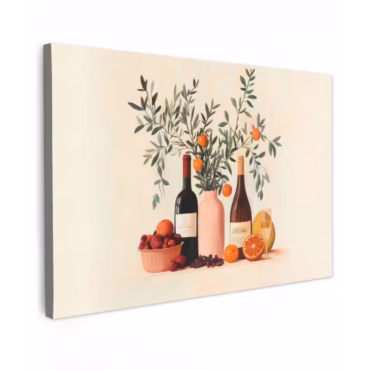 Canvas schilderij - Wijnflessen - Takken - Sinaasappels — 1