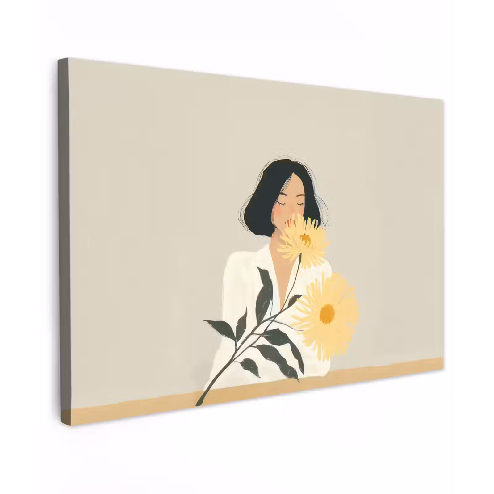 Canvas schilderij - Vrouw - Bloem - Geel - Minimalistisch — 1