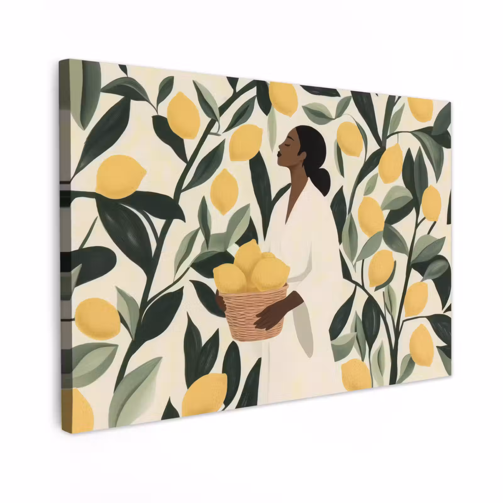 Canvas schilderij - Vrouw - Mand - Citroenen - Bladeren — 1