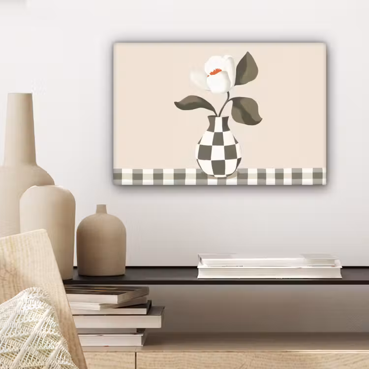 Canvas schilderij - Vaas - Geruit - Groen - Bloem — 5