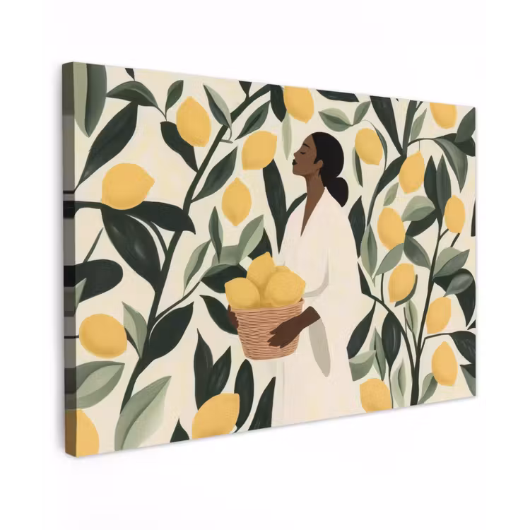 Canvas schilderij - Vrouw - Mand - Citroenen - Bladeren — 1