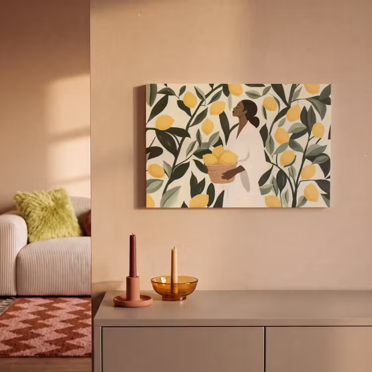 Canvas schilderij - Vrouw - Mand - Citroenen - Bladeren — 2