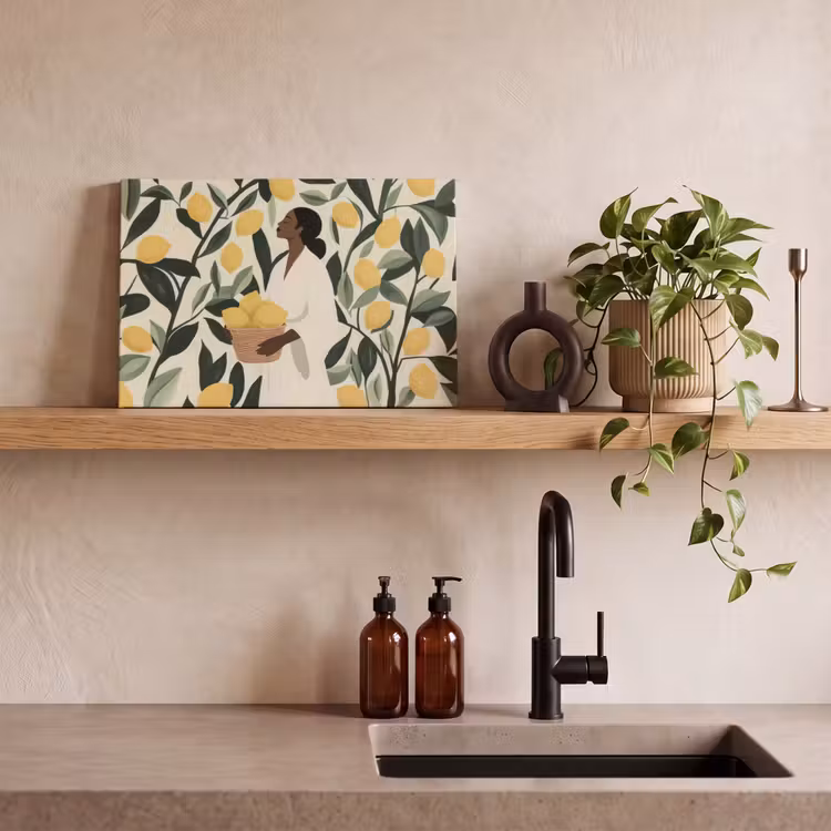 Canvas schilderij - Vrouw - Mand - Citroenen - Bladeren — 3