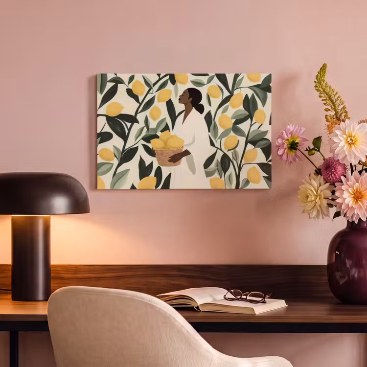 Canvas schilderij - Vrouw - Mand - Citroenen - Bladeren — 4