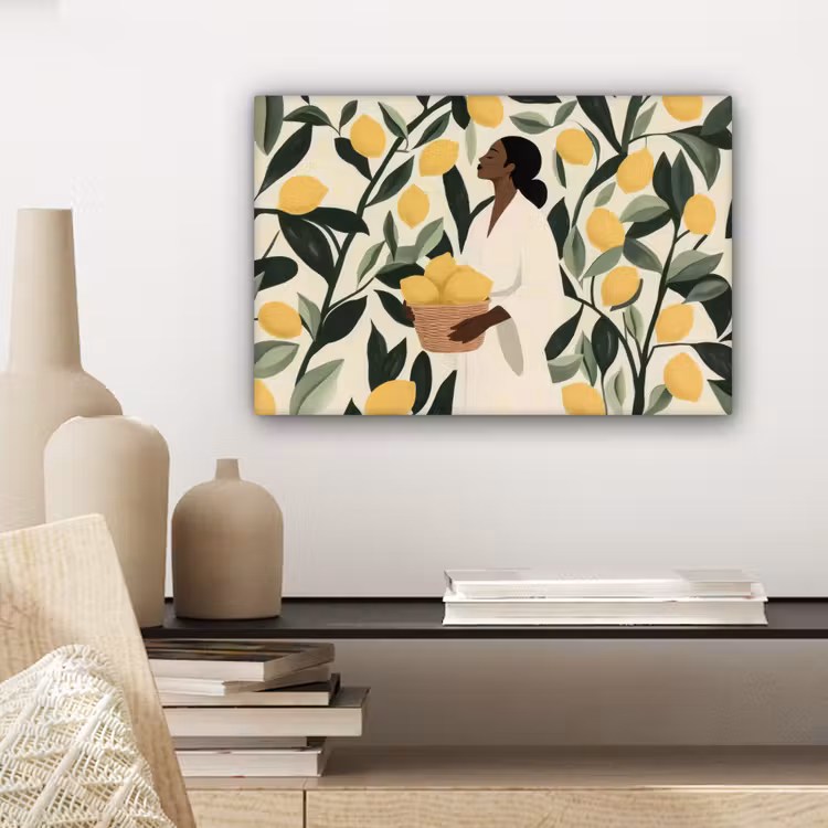 Canvas schilderij - Vrouw - Mand - Citroenen - Bladeren — 5