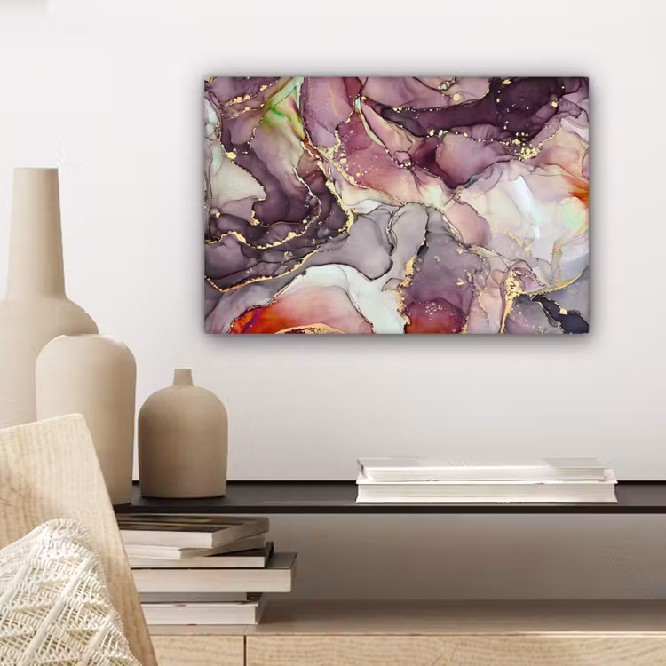 Canvas schilderij - Marmer - Rood - Paars - Goud — 5