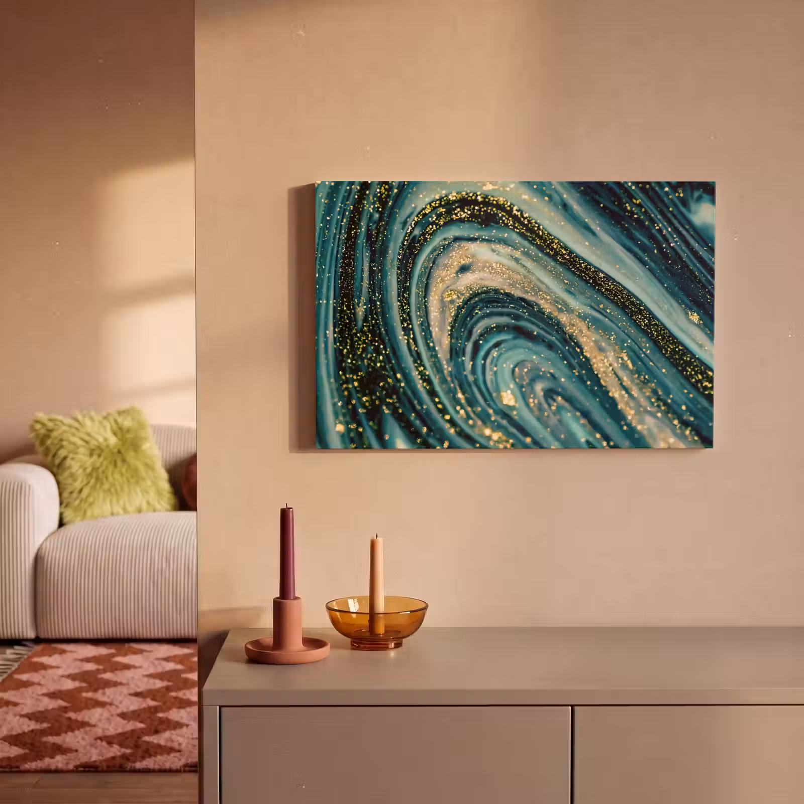 Canvas schilderij - Marmerlook - Luxe - Goud - Turquoise - Glitter — 1
