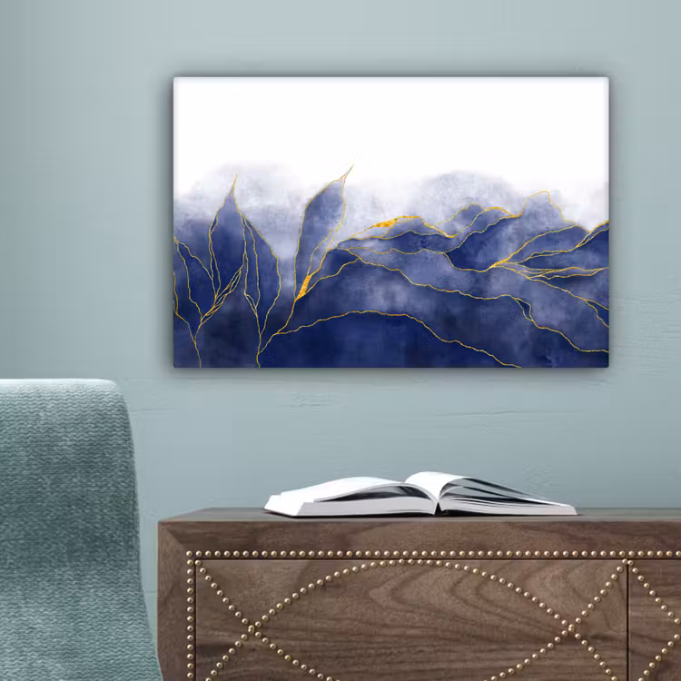 Canvas schilderij - Marmer - Blauw - Marmerlook - Goud - Textuur — 4