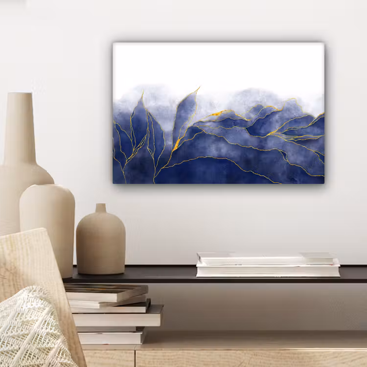 Canvas schilderij - Marmer - Blauw - Marmerlook - Goud - Textuur — 5